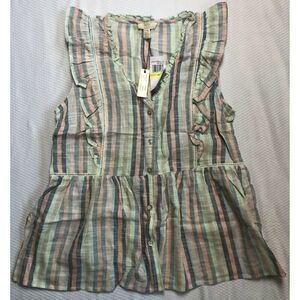 Cupio Multi Color Striped Ruffle Sleeveless Button Up Shirt Top Blouse Size M NW